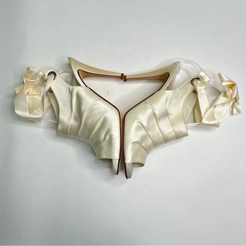 NEW Bridal by Butter Cream Satin Peep-Toe Lace-up Classy Wedding Bridal Pumps - Picture 6 of 14